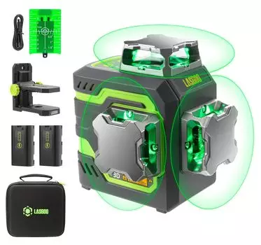 LasGoo Laser Laser 3D Зеленый луч Crossline Laser для сборки и 2x аккумуляторных батарей до 20 В Включает магнитный подъем и вращающуюся подставку LG-3D