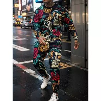 Новейший мужской спортивный комплект в стиле ретро с принтом 3D-черепов, индивидуальный свитер, длинные брюки, уличный молодежный модный свободный комплект высокого качества S