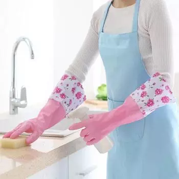 Латексные резиновые перчатки для мытья посуды Бархатные эластичные манжеты Перчатки для работы по дому Водонепроницаемые зимние перчатки для уборки кухни с длинным рукавом L розовый