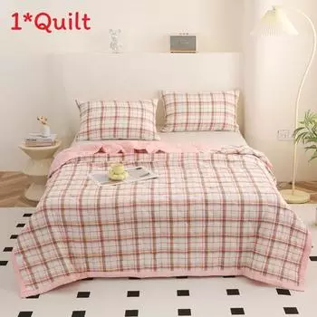 Lattice Water Pattern Wash Cotton Bedding Summer Air Conditioning Blanket Quilt Pink Check,100x150cm