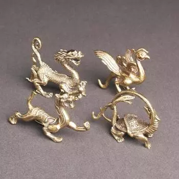 Латунная китайская статуэтка «Четыре великих зверя», талисман, фэн-шуй, антикварные миниатюры, статуэтки, предметы интерьера, украшения, бронзовая коллекция