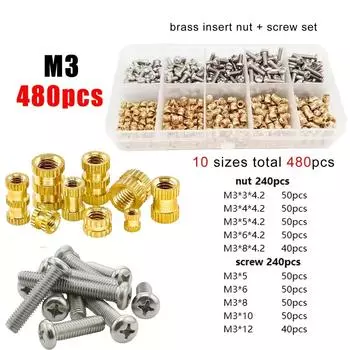 Латунная медная витая спиральная литьевая горячая расплавленная 3D-печать Встроенная вставная гайка Комплект винтов, Гайки, Набор винтов M1.4/M1.6 500PCS