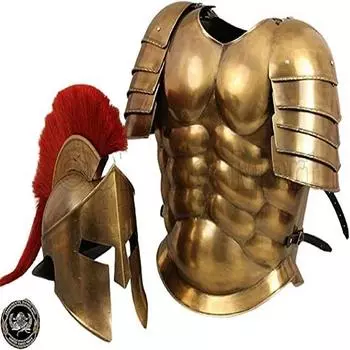 Латунная отделка Средневековый мышечный доспех Костюм Спартанский шлем Коричневый антиквариат