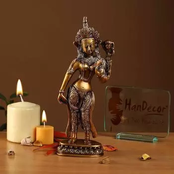 Латунная статуэтка стоящей богини Тары, Стандартная, Многоцветная, Упаковка из 1 шт.