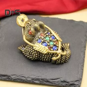 Латунная статуэтка жабы, винтажная 3-ногая золотая жаба, модель, мини-статуэтка лягушки из горного хрусталя, металлическая скульптура животного, украшение для рабочего стола в стиле фэн-шуй, орнамент S