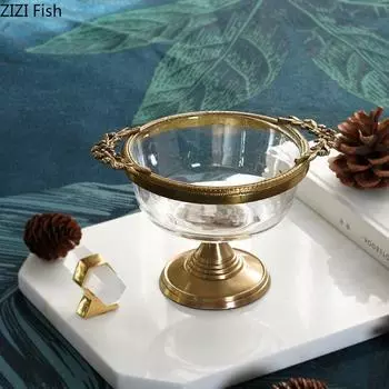Латунная стеклянная тарелка для фруктов в европейском стиле, высокая тарелка в стиле ретро, тарелка для десерта с мороженым, тарелка для украшений, домашняя кухонная посуда