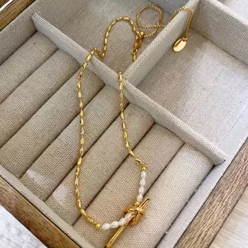 Латунное покрытие 22-каратного настоящего золота, европейская и американская мода, легкий роскошный стиль, дизайн узла, натуральное ожерелье из настоящего жемчуга для женщин, холодный стиль 50cm
