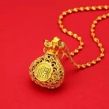 Латунное ретро-ожерелье с выдолбленным мешком денег и ажурным узором в виде счастливого мешка 40CM золотой