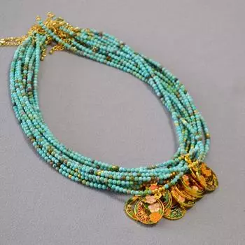 Латунное старинное позолоченное декабрьское праздничное цветочное ожерелье с бирюзовыми бусинами и эмалью ручной работы на цепочке для свитера