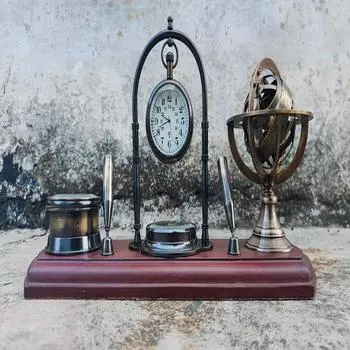 Латунные настольные часы с держателем для ручки, компас, сферические часы, настольная деревянная основа, домашний декор, офисный декор, подарок для мужа