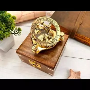 Латунные солнечные часы компас: Вневременное сокровище в деревянной подарочной коробке с морским якорем S золотой