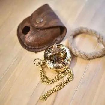 Латунный карманный компас для солнечных часов - Кнопочный карманный компас для солнечных часов с кожаной коробкой