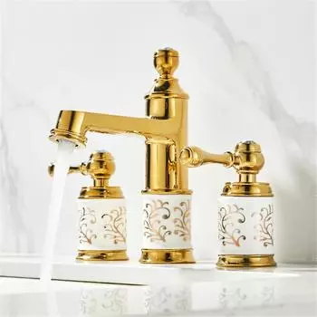 Латунный керамический смеситель для ванной комнаты, золотой смеситель для раковины, широко распространенный смеситель из розового золота, роскошный смеситель для раковины, горячая и холодная вода, смеситель для раковины золотой