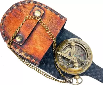 Латунный компас с солнечными часами, компас в винтажном стиле с кожаным чехлом для кемпинга или походов, s коричневый