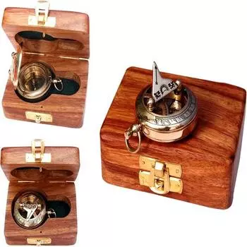 Латунный компас солнечных часов с деревянной коробкой, солнечные часы для кемпинга, походов, туризма, гравированный подарок для него, копия морских часов, солнечные часы