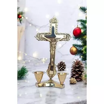Латунный Распятие Статуя | Идол Иисус Христос на Кресте с Подставкой для Свечи Молитва | Поклонение Украшение для Дома Офиса Золотая Античная Отделка Новейший