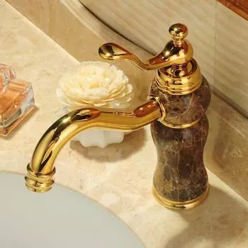 Латунный смеситель для горячей и холодной воды, золотой керамический декор, нефритовый смеситель для ванной комнаты, смеситель для раковины с одним отверстием