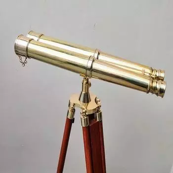 Латунный телескоп, бинокль на деревянной подставке-штативе, декоративный телескоп на функциональной подставке, декор в стиле ретро