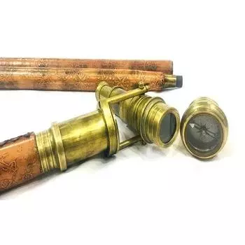 Латунный телескоп с компасом и деревянной тростью с коричневой кожаной деревянной тростью шпионский стеклянный телескоп свадьба