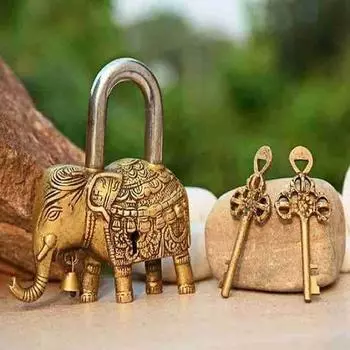 Латунный замок в форме слона в винтажном стиле, защитный замок в форме слона, функциональный замок с 2 ключами (золотой)