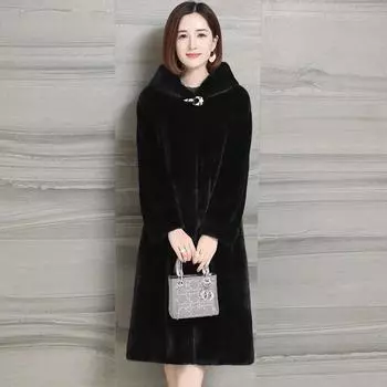 Lautaro Winter Luxury Long Black Faux Mink Fur Coat Women with Hood Long Sleeve Elegant Thick Warm Fluffy Furry Jacket 6xl 7xl 8XL чёрный