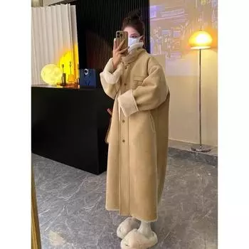 Lautaro зимнее длинное свободное повседневное ветрозащитное утолщенное теплое искусственное овчинное пальто для женщин большого размера из пушистой овчины S бежевый