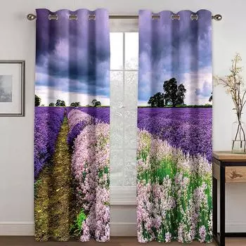 Lavender prairie hot air balloon sunset curtain dusk, a set of two sets, home bedroom living room shade curtain 50W60H(CM)X2PCS&Grommet Top