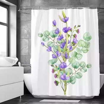 Лавандовые шторки для душа Акварельные фиолетовые цветочные растения Водонепроницаемый полиэстер Занавеска для ванной комнаты Декор комнаты с крючками W90xH180cm