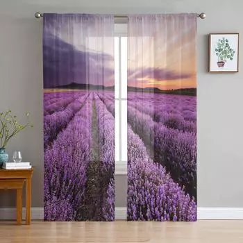 Лавандовый закат, фиолетовое поле цветов, тюль, прозрачные шторы на окна для гостиной, кухни, детской спальни, вуаль, подвесная занавеска W135 x H114cm