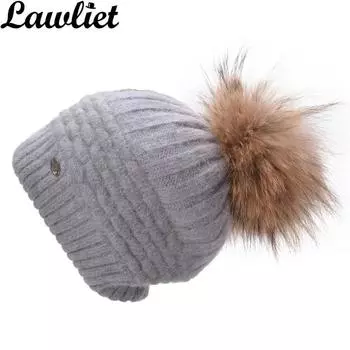 Lawliet женские зимние шапки с большими помпонами из натурального меха, толстые теплые вязаные шапки, модные шапки из ангоры Skullies A462