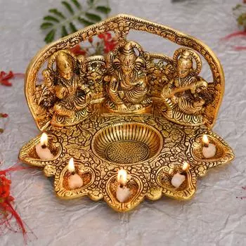 Laxmi Ganesh Saraswati Idol Diya Oil Lamp Deepak - Metal Lakshmi Ganesha Showpiece Statue - Traditional Diya for Diwali Puja
