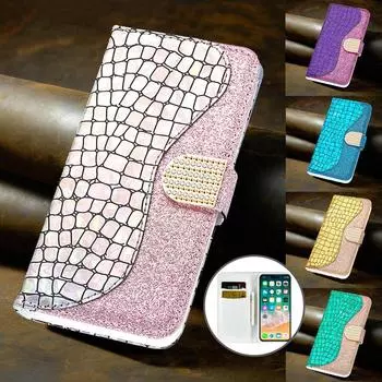 Лазерная откидная крышка с крокодиловым зерном и бриллиантами для Samsung Galaxy Xiaomi Redmi iPhone Huawei Honor Блестящий чехол-кошелек с пудрой Redmi Note 11 Pro 5G (CN) синий