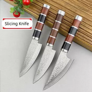 Лазерные кухонные ножи из дамасской стали, нож для нарезки мяса, фруктов, помидоров, стейков, деревянная ручка, мясницкий нож для обвалки, топор для барбекю, мясо Size 1