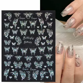 Лазерные наклейки для ногтей, бабочка, сердце, звезда, дизайн, клейкие слайдеры, наклейки для дизайна ногтей, маникюрные украшения