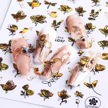 Лазерные золотые, черные 3D наклейки для дизайна ногтей, наклейки с бабочкой, цветком розы, кленовый лист, украшение для ногтей, инструмент для маникюра