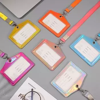 Лазерный держатель для карт из искусственной кожи Офисный рабочий бейдж Чехол для карты Обложка для кредитной карты Студенческая карта кампуса Держатель для автобусной карты со шнурком