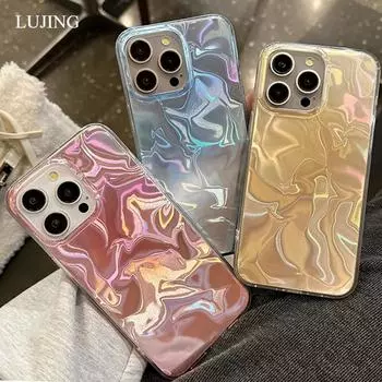 Лазерный ослепительный плиссированный чехол для телефона Aurora Water Ripple для iPhone 15 Plus 14 Pro Fantasy Glitter Cover 13 12 11 Pro Max Gradient color Case For iPhone 11 розовый