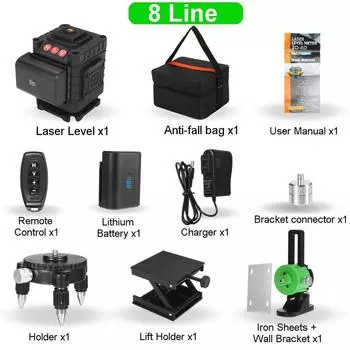 Лазерный уровень 4D 8/12/16 линий, зеленый свет, автоматическое самовыравнивание, лазерные уровни на 360 градусов, горизонтальный, вертикальный, перекрестный, дистанционное управление, в помещении и на открытом воздухе 8Lines