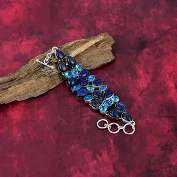 Лазурит, браслет с голубым топазом, ювелирные изделия из цельного серебра 925 пробы с драгоценными камнями, браслет ручной работы на День матери Adjustable With 8 Inches синий