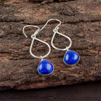 Лазурит Драгоценный камень 925 Стерлинговое серебро Ювелирные изделия Ручной работы Свадебные серьги 1,90 EE-19-25