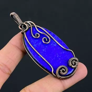 Лазурит Драгоценный камень Чистая медная проволока Обернутая ювелирная подвеска ручной работы 3.15 Inches синий
