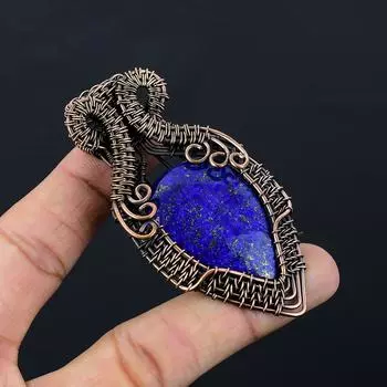 Лазурит Драгоценный камень Чистая медная проволока Обернутая ювелирная подвеска ручной работы 3.19 Inches синий