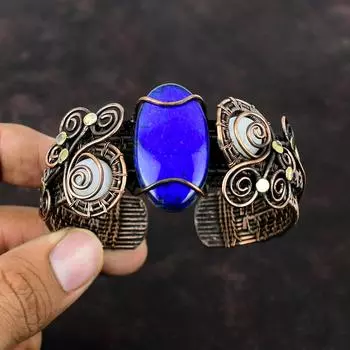 Лазурит, драгоценный камень, медная проволока, обернутая Радужным лунным камнем, браслет-манжета, регулируемый браслет, медная проволока ручной работы, ювелирные изделия, свадебный подарок