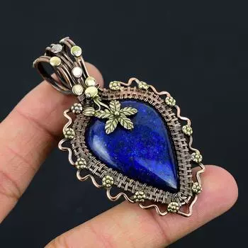 Лазурит Драгоценный камень Медная проволока Обертка ручной работы Подвеска Ювелирный подарок для любви 2.76 Inches синий