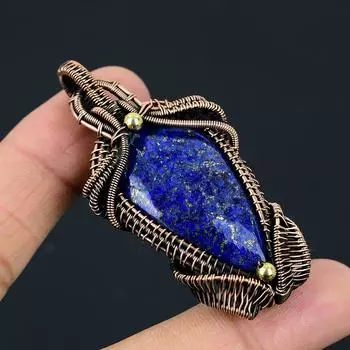 Лазурит Драгоценный камень Медная проволока Wrap Handmade Designer Подвеска Ювелирные изделия 2.55 Inches синий