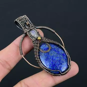 Лазурит и лунный камень, драгоценный камень, чистая медная проволока, ювелирное изделие, кулон ручной работы для нее 3.03 Inches синий