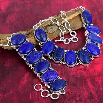 Лазурит из стерлингового серебра 925 пробы, ожерелье и браслет, комплект ювелирных изделий, прекрасный ювелирный подарок ручной работы для нее, комплект ювелирных изделий из драгоценных камней Adjustable With 8 -18 синий