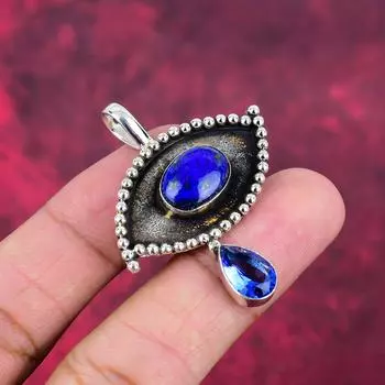 Лазурит, кулон с танзанитом, ювелирные изделия ручной работы из драгоценных камней, кулон из стерлингового серебра 925 пробы, уникальный дизайн ювелирного кулона 1.96 Inches синий