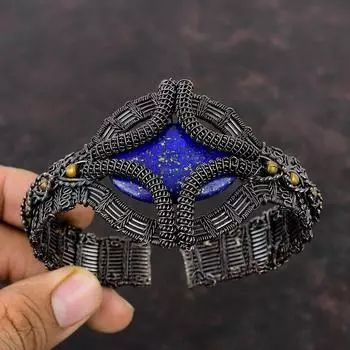 Лазурит Медный браслет Медная проволока Обернутые ювелирные изделия Регулируемый браслет-манжета Драгоценный камень Браслет ручной работы Подарок для нее Медный браслет-манжета