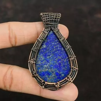 Лазурит Медный кулон Медная проволока Обернутый кулон Подвеска с драгоценным камнем Медные ювелирные изделия Дизайнерский кулон ручной работы Лазурит Подарок для мамы